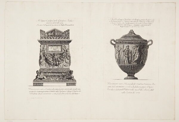 Giovanni Battista Piranesi, Urne udsmykket med ugle, der flankeres af oksekranier, samt urne med en frise af bakkanter