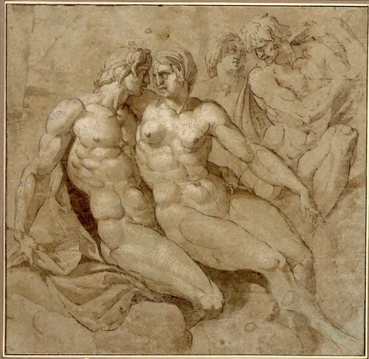 Anonym, Junger Gott und Göttin. (Erotisches Symplegma auf Wolken; im Hintergrund ein sitzender Jüngling und ein Mädchen im Gespräch)