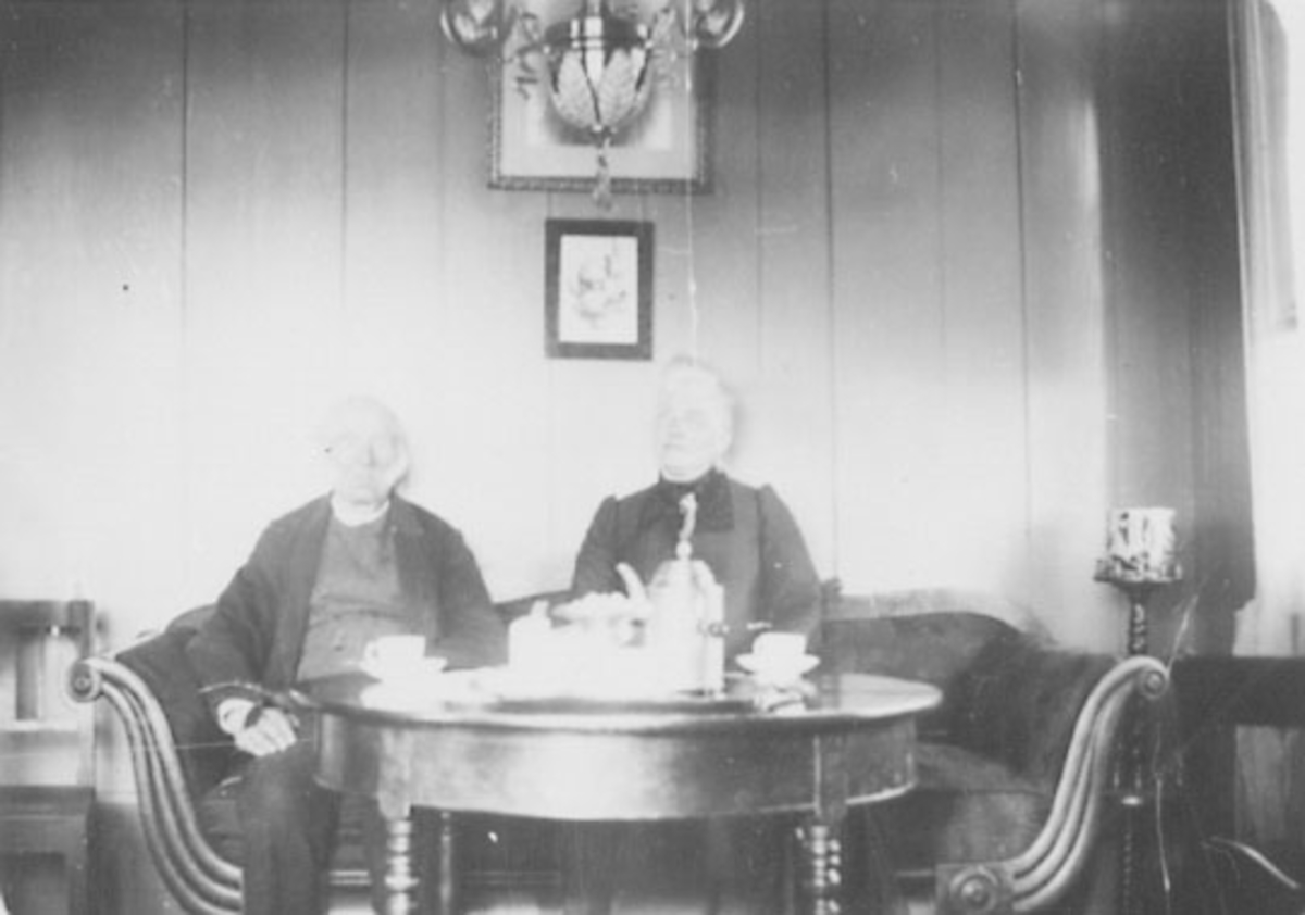 Normann Helger, INTERIØR: STUE, ELDRE PAR DRIKKER KAFFE, KAFFEBORD, SOFA, LAMPE, GRIMERUD GÅRD, OTTESTAD,