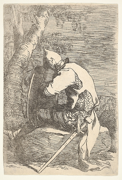 Salvator Rosa, A sleeping warrior seated on a rock and leaning on his shield, from "Figurine"