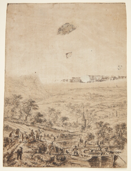 Herman Saftleven, Panoramisk landskab med bønder, fiskere og en landsbykirke