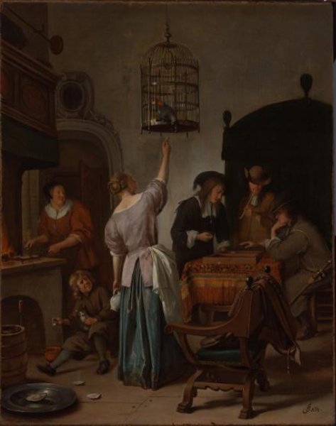Jan Havicksz. Steen, Interieur met een vrouw die een papegaai voert, beter bekend als ‘De papegaaienkooi’