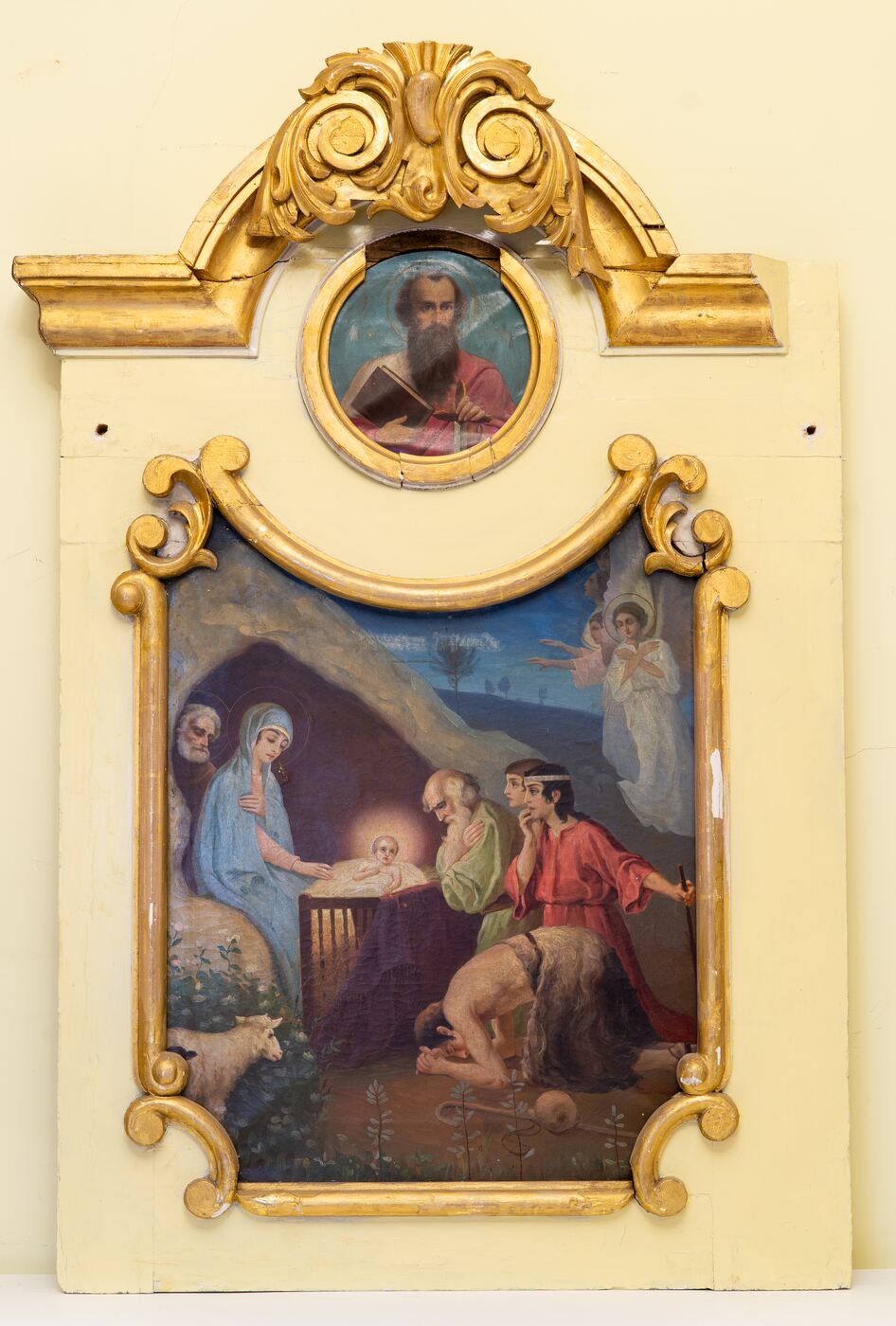 Unknown artist, Marijampolės Šv. Nikolajaus stebukladario cerkvės (dab. Šv. Vincento Pauliečio bažn.) ikonostaso (?) fragmentas. Kūdikėlio Jėzaus pagarbinimas
