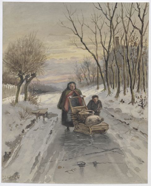 Kikkert, Jan Elias, (1843-1925), (artist), Winter landscape with an elderly woman and a boy behind a sled