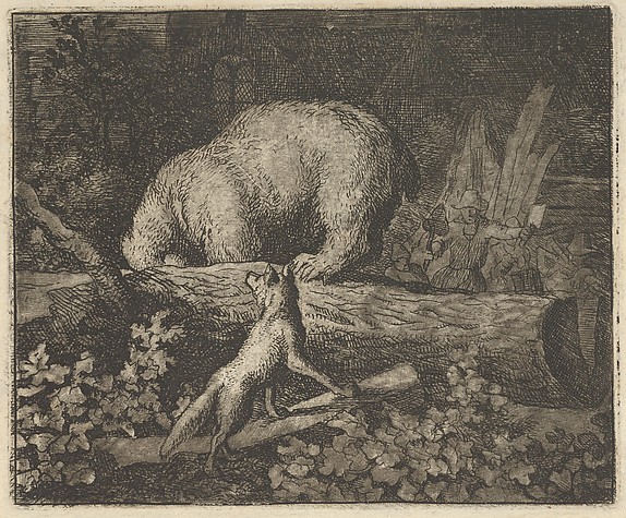 Allart van Everdingen, The Bear's Snout and Paws Are Caught in the Trunk of a Tree from Hendrick van Alcmar's Renard The Fox