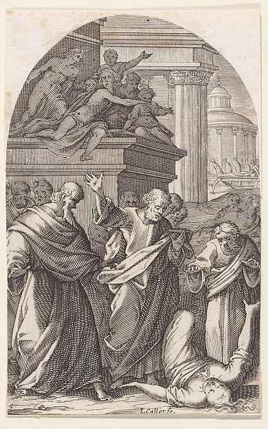 Jacques Callot, Sapphira Punished by Death, plate 5 from Les Tableaux de Rome, Les Eglises Jubilaires (The Paintings of Rome, The Churches Jubilee)