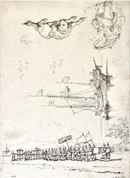 George Chinnery, A procession, Macau, with three other studies