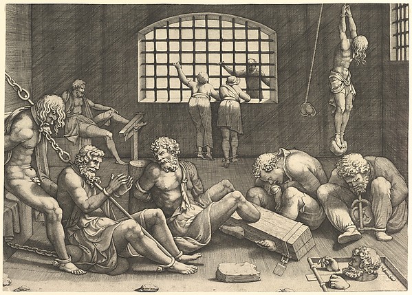 Anonymous, The Prison; a group of men in a dungeon bound in chains and shackles; to the right a figure hanging from his arms, tied to a boulder