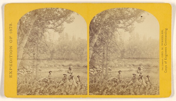 Timothy H. O'Sullivan, Coyotero Apache Scouts, at Apache Lake, Sierra Blanca Mountains, Arizona. Two members of the Expedition in the back-ground.