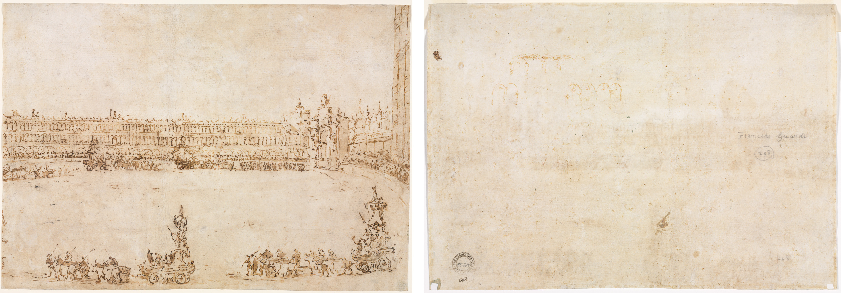 Francesco Guardi, A Procession of Triumphal Cars in the Piazza San Marco, Venice, Celebrating the Visit of the Conti del Nord (recto); Three Sketches of Arches (verso)
