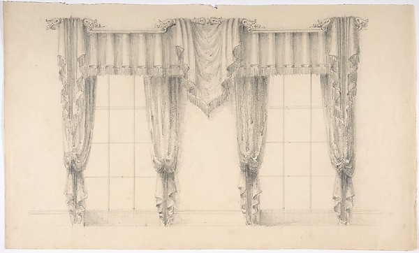Anonymous, British, 19th century, Design for Fringed Curtains Surrounding Two WIndows