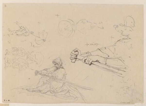 George Chinnery, Drawings of a boatwoman rowing, and sketches of figures with parasols