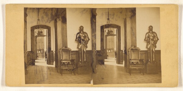 Unknown, [Detail of an interior showing a room with a suit of armor of a well-to-do person]
