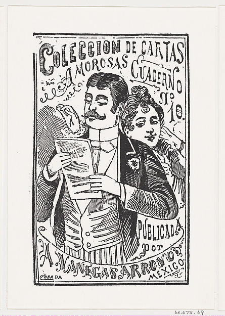 José Guadalupe Posada, A woman looking over a man's shoulder at the letter in his hand, illustration for 'Coleccion de Cartas Amorosas Cuaderno No. 10,' published by Antonio Vanegas Arroyo