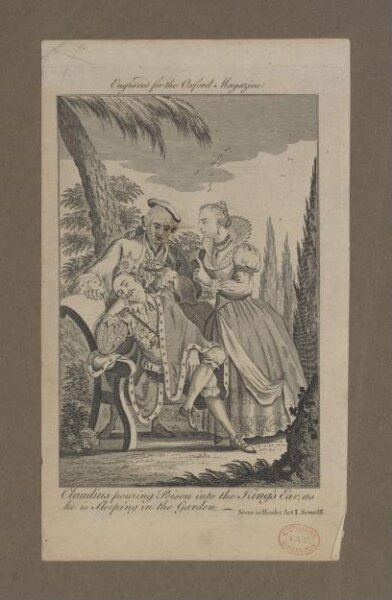 Unknown, Claudius pouring Poison into the King's Ear; as he is sleeping in the Garden
