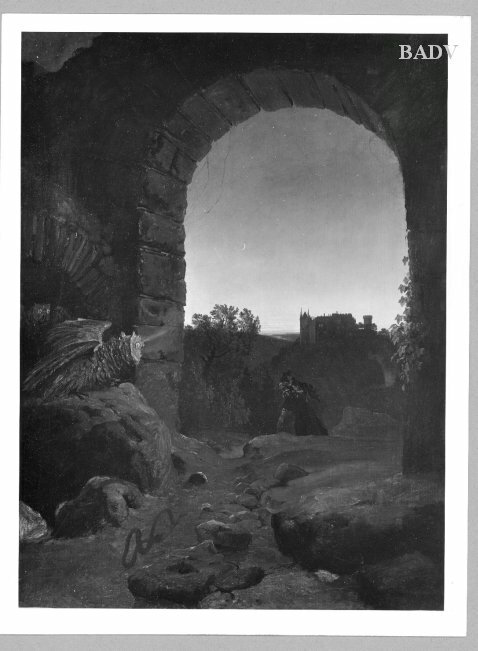 Carl Blechen, Landscape with ruin, with motives of Webers "Freischütz"