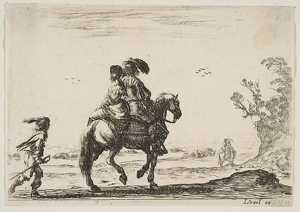 Stefano della Bella, A horseman and a woman, seen from behind, riding towards the right with a young man following them to left, another horseman and woman to right in the background, plate 10 from "Various Figures" (Agréable diversité de figures)