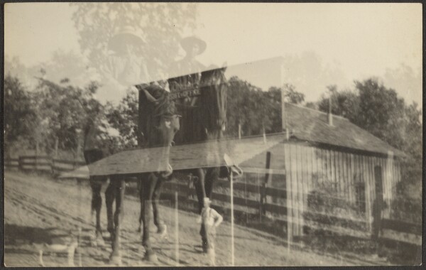 Louis Fleckenstein, [Double Exposure: Ross Foster and Louis Fleckenstein on Horseback; Dunlap Government Building]