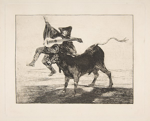 Goya (Francisco de Goya y Lucientes), 'Barbarous Entertainment', a blind guitarist on the horns of a bull