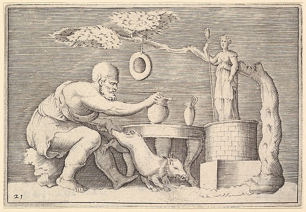 Anonymous, Italian, 16th century, A Faun or Satyr Preparing a Pig for Sacrifice, from "Ex Antiquis Cameorum et Gemmae Delineata/ Liber Secundus/et ab Enea Vico Parmen Incis"