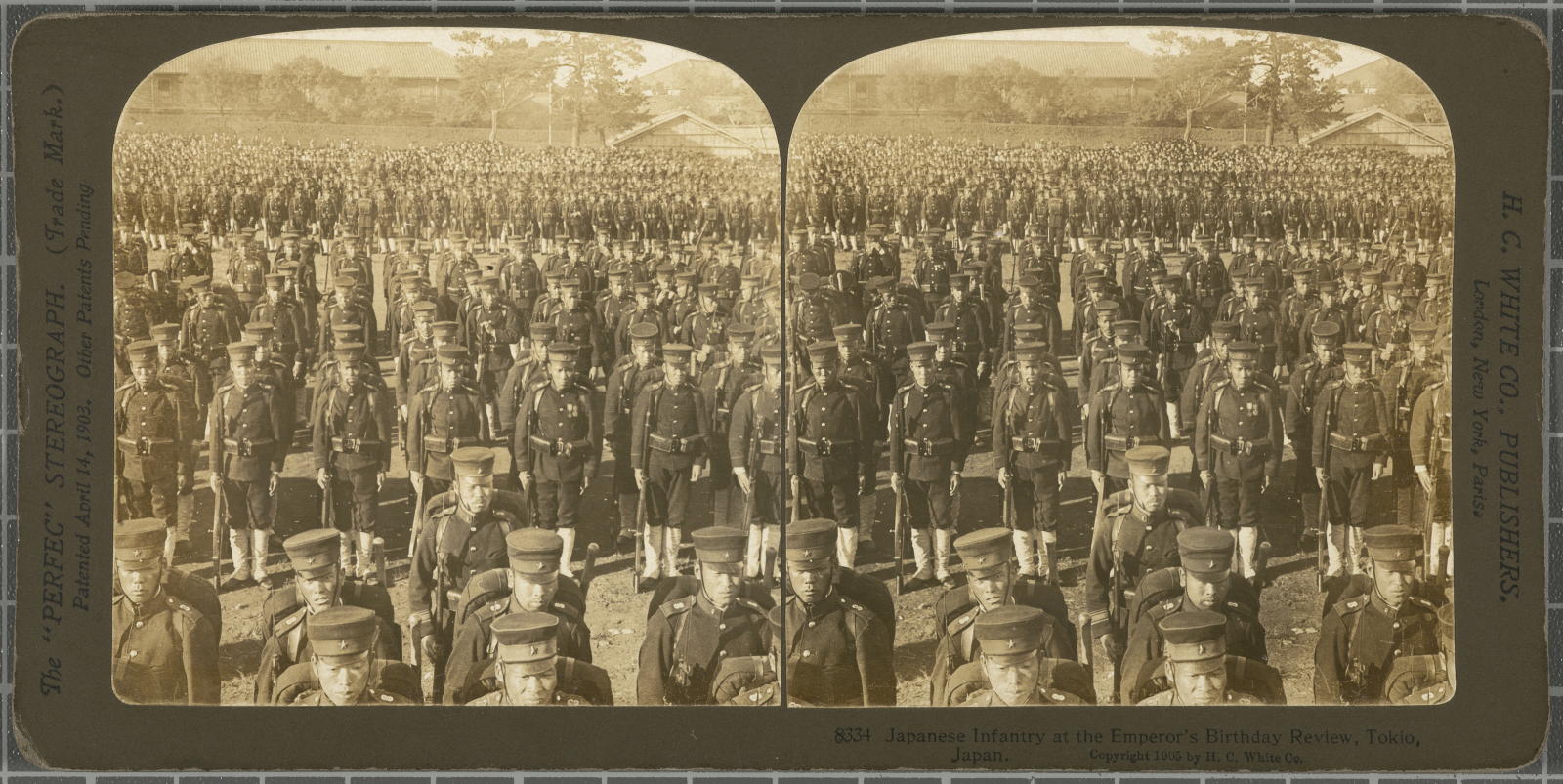 Desconegut, Japanese Infantry at the Emperor's Birthday Review.Tokio. Japan White, H.C. & Co., The "Perfec" Stereograph