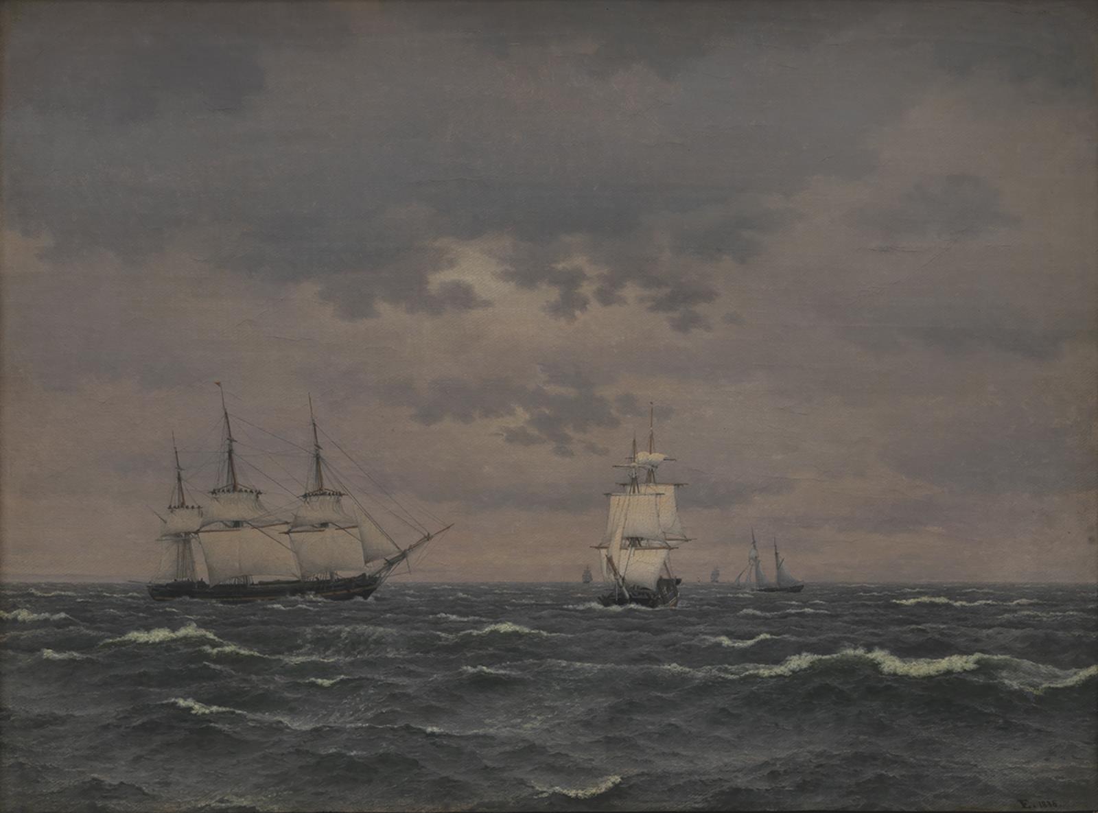 C.W. Eckersberg, En korvet, som indtager reb i merssejlene i en tiltagende kuling og nogle andre sejlere