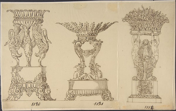 Anonymous, French, 19th century, Designs for Two Serving Dishes and a Planter