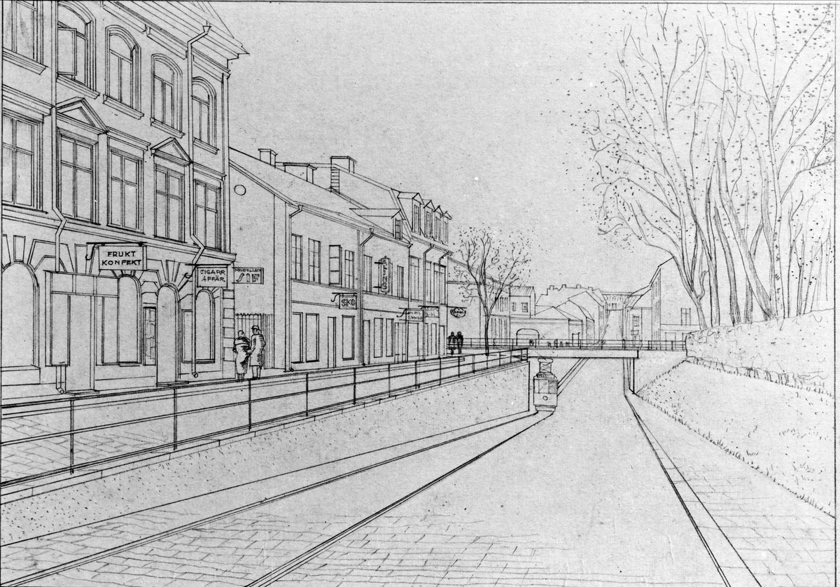 Paul Sandberg, Drawing of a tunnel under the railway, Vaksalagatan, Uppsala 1943