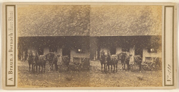 Adolphe Braun, [Peasant man in straw hat in front of large building with prominent roof, horse-drawn wagon at side]