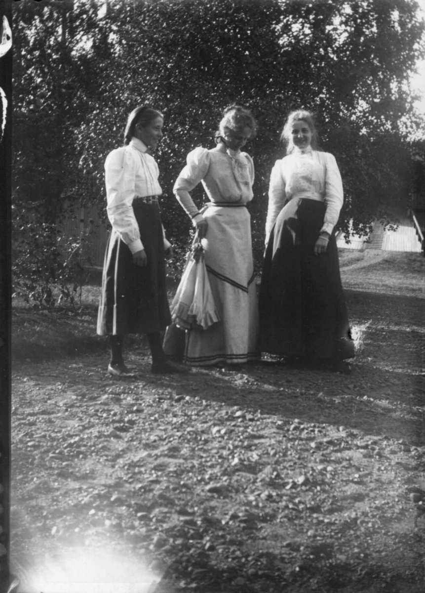 Fredrik Emil Faye, Gruppeportrett, fra venstre Eugenie Faye (senere Aall), fru Sigrid Faye, Hermine Krohn (senere Eckbo), ca. 1898. Fra portrettserie av personer som bodde på eller besøkte Dal gård, Ullensaker, fotografert av gårdens eier, kammerherre Fredrik Emil Faye (1844-1903) i årene 1875-1900.