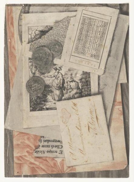 Unknown, Tromp l'oeil composition showing overlapping  drawings and engravings, a page from a calendar, some  coins and a franked envelope addressed to Monsieur Antoine Sielli, Florence