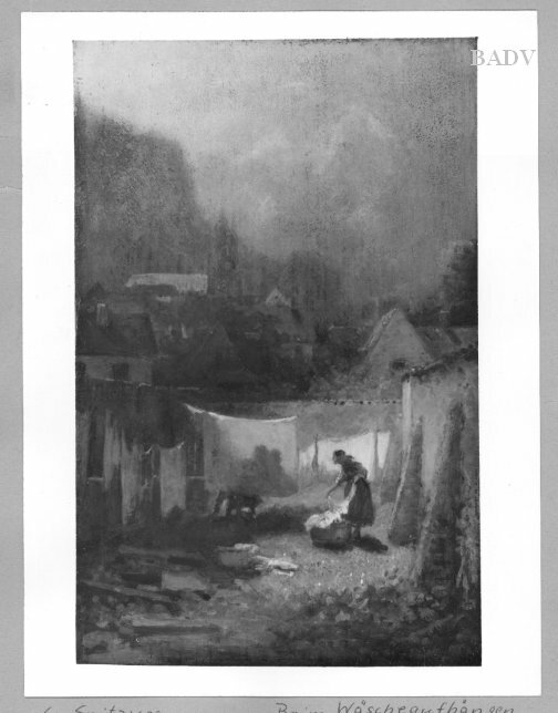 Carl Spitzweg, bed-sheets drying in a court yard