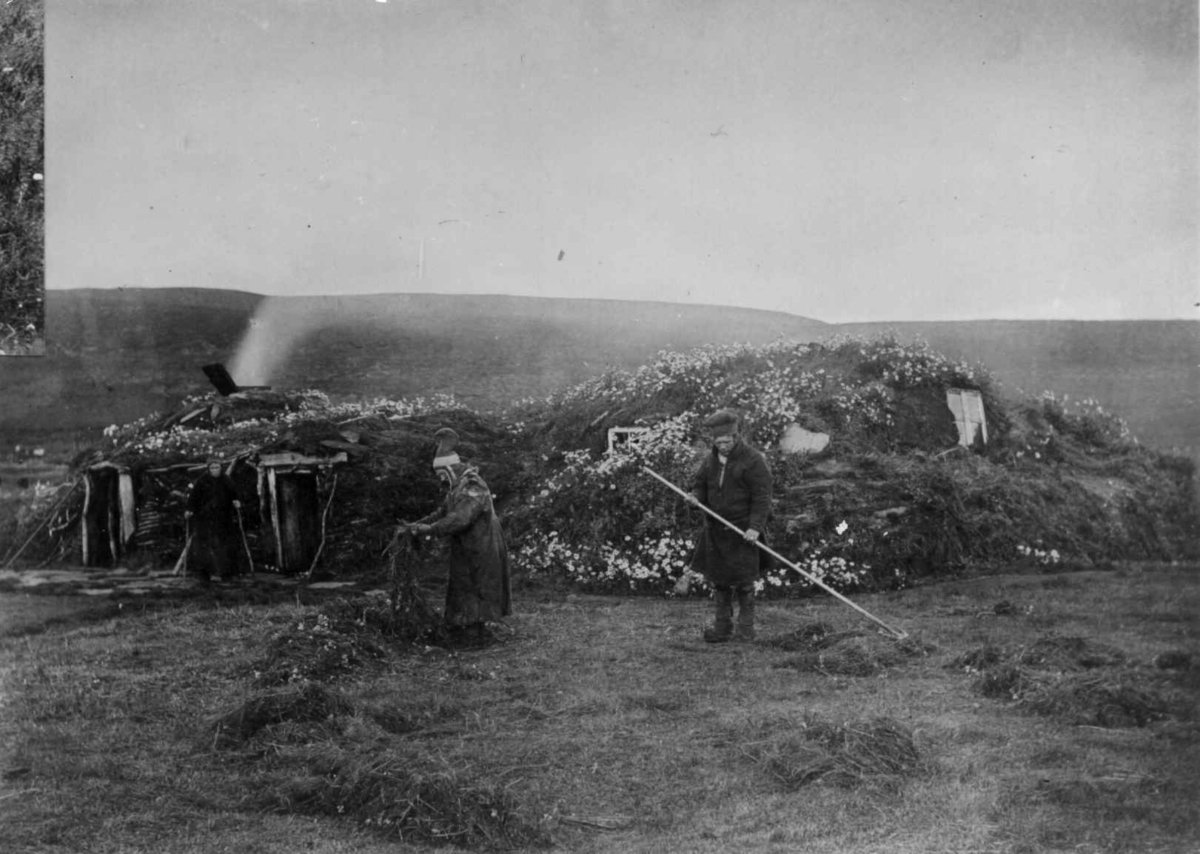 Ellisif Rannveig Wessel, Samisk torvgamme. Maja Nilsens gamme, utenfor står søsknene Nils Maja, Anna og Gaisa Halt i døråpningen, Vestre Jacobselv, Vadsø, Finnmark, 1897. Høyonn.