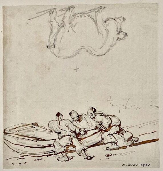 George Chinnery, Three men pushing a boat, with a sketch of a pig