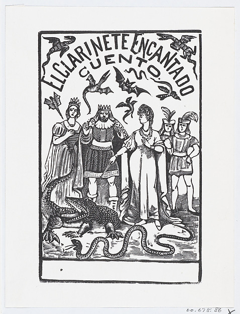 José Guadalupe Posada, A sorceress pointing her wand at a crocodile while royal figures watch, illustration for 'El Clarinete Encantado'