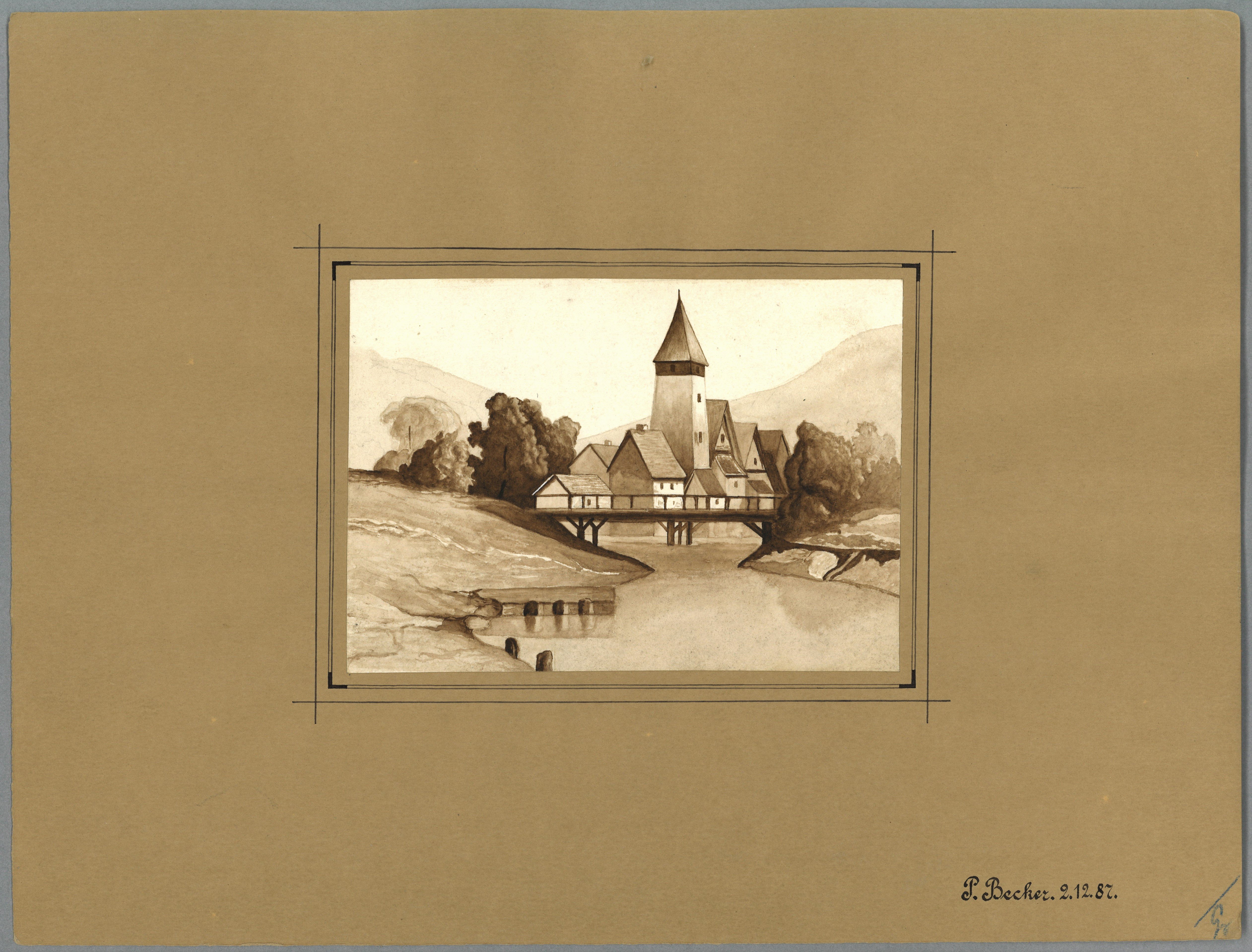 Paul Becker (Lehrer), Unidentifizierter Ort: Dorf mit Kirche an einem Fluss