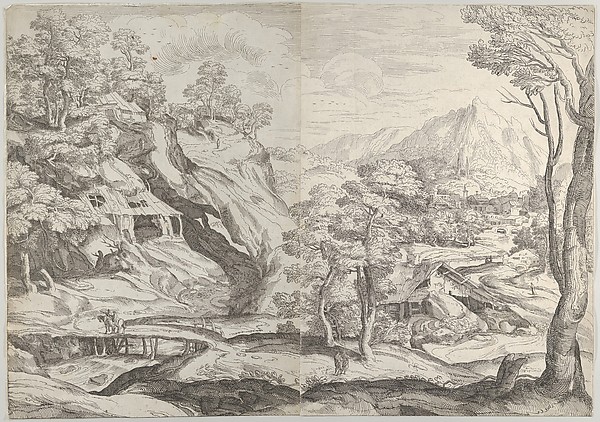 Anonymous, Italian, 16th century, Landscape with a town in the background at the right, a winding road in the foreground