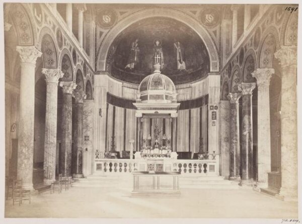 Parker, John Henry, Church of S. Agnes - Interior with the Canopy over the Altar or Baldacchino, the Classical Columns and the Apse, with the Mosaic Pictures, A.D. 626.