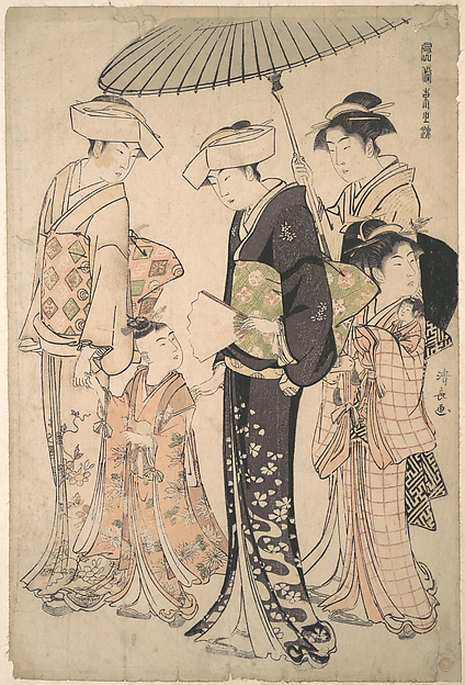 Torii Kiyonaga, Two Women in Summer Costume Taking a Young Girl to a Shinto Temple for the Miya Mairi Ceremony