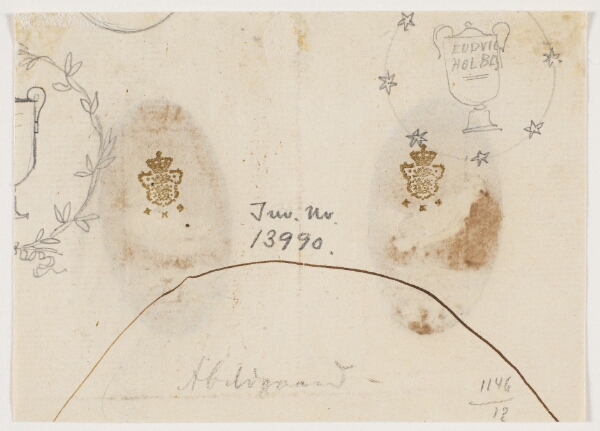 Nicolai Abildgaard, I stjerneomkranset ring en pokal, betegnet "Ludvig Holber", t.v. endnu et tilsvarende (beskåret) udkast