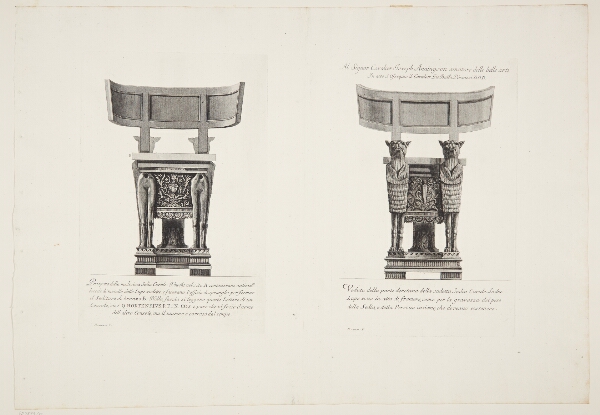 Giovanni Battista Piranesi, To afbildninger af samme kuriale stol som i de tre forgående blade; her set forfra og bagfra