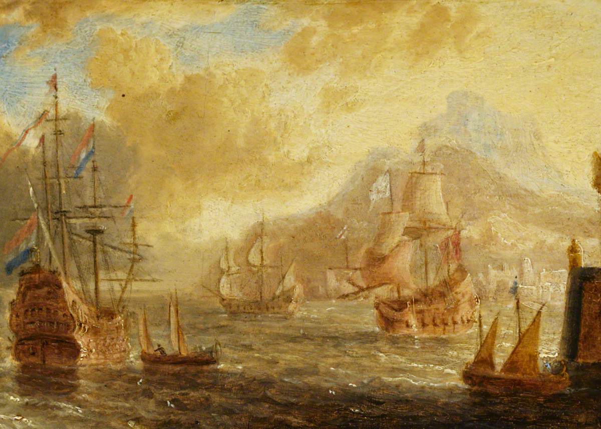 Peter van de Velde, Ships at Anchor Off a Mediterranean Harbour