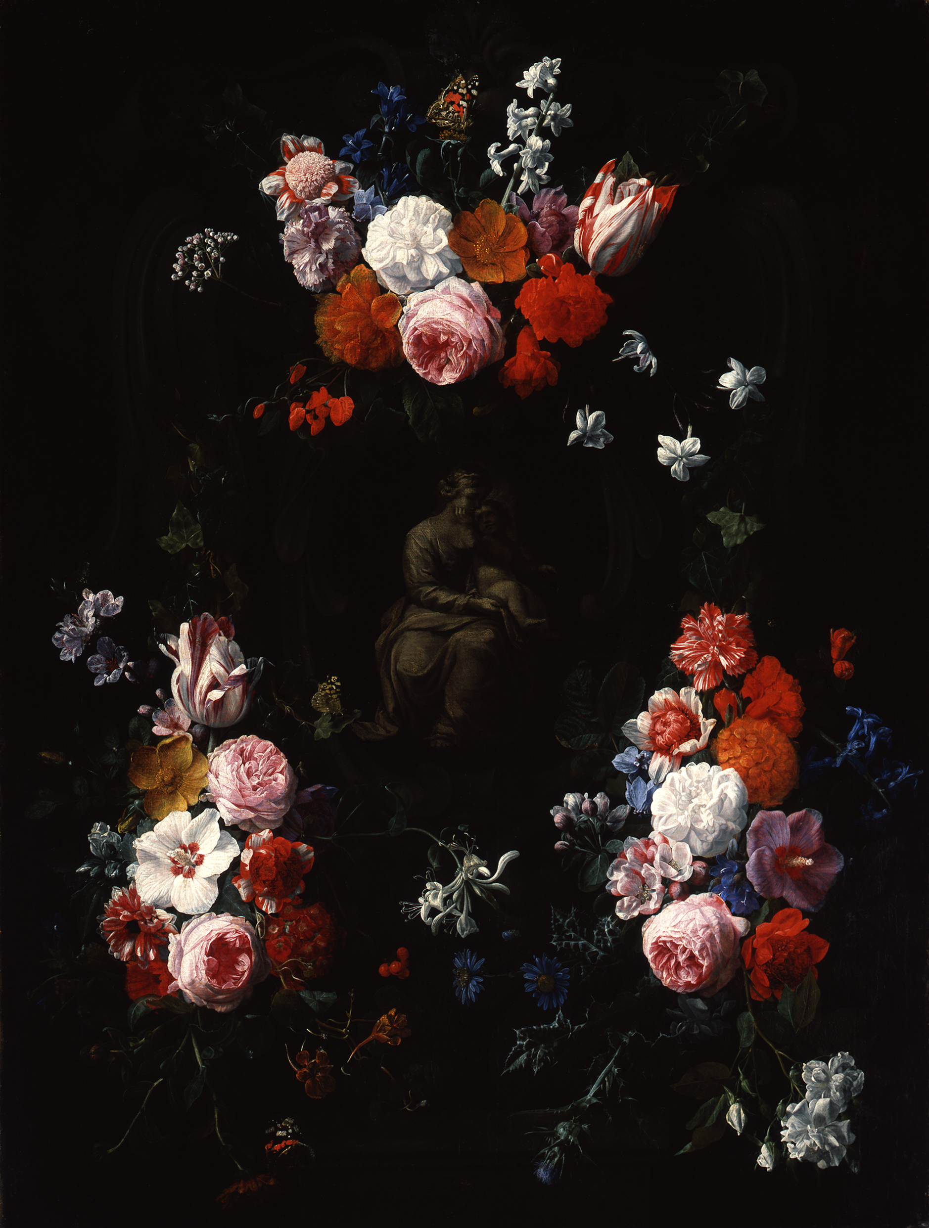 Nicolaes van Verendael, Cartouche with flowerfestoons surrounding a depiction of the Virgin mary with the Christ child