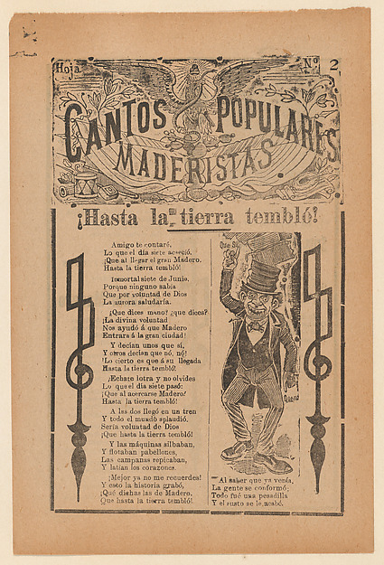 José Guadalupe Posada, Broadsheet celebrating one of the founders of the Mexican Revolution, Francisco Madero, shown in a suit and top hat pointing to the phrases 'Que Si' and 'Que No'