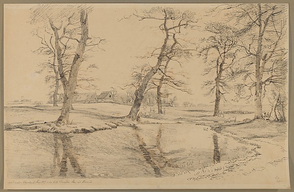 Johan Thomas Lundbye, A Brook near a Farm in Usserød with Cows and Two Figures