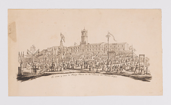 Anonymous, French, 19th century, Fan leaf depicting the fair at Buenos-Ayres