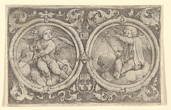 Lucas van Leyden, Two Putti Seated in Clouds in Circles with Tendrils