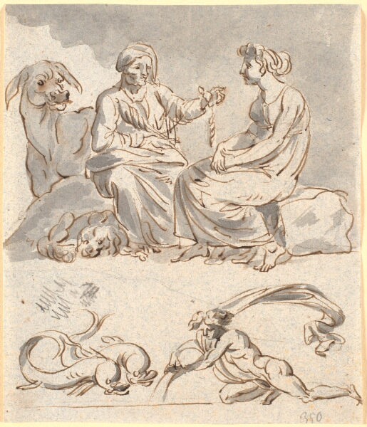 Nicolai Abildgaard, Udkast til scene af Apuleus' "Det gyldne æsel" 4.bog. Røverbandens husholderske fortæller den unge pige myten om Amor og Psyke. Nedenunder et par delfiner og en nøgen figur, muligvis vandmanden - himmeltegn for februar og januar