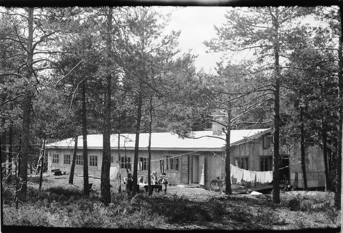 Håkon Prestkværn, Wexhalls verksted i Moelv. Fem ukjente menn sitter rundt et bord ved et hus i skogen. Klesvask til tørk på snorer mellom trærne.