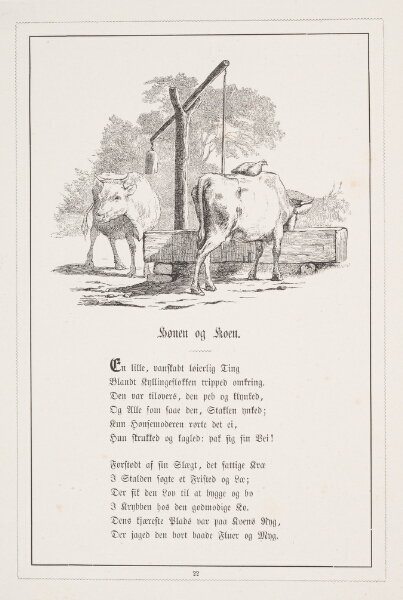 H.P. Hansen, Hønen og koen. Illustration til H.V. Kaalund, "Fabler for Børn"